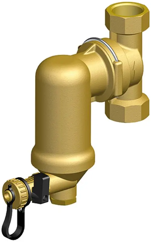 Goldfarbener Schlammabscheider mit drehbarem Anschluss und Isolierung, hergestellt von IMI Hydronic Engineering. Klarer Wasserablauf und einfache Montage sind gewährleistet.